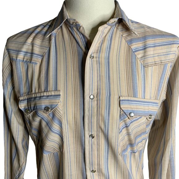 Vintage 80s Brittania Western Pearl Snap Shirt M Tan Stripe Pockets Saw Tooth - Picture 2 of 6
